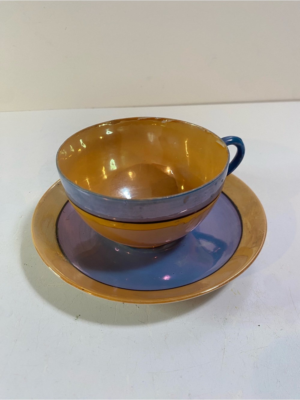 Vintage Blue & Orange Lusterware Cup & Saucer